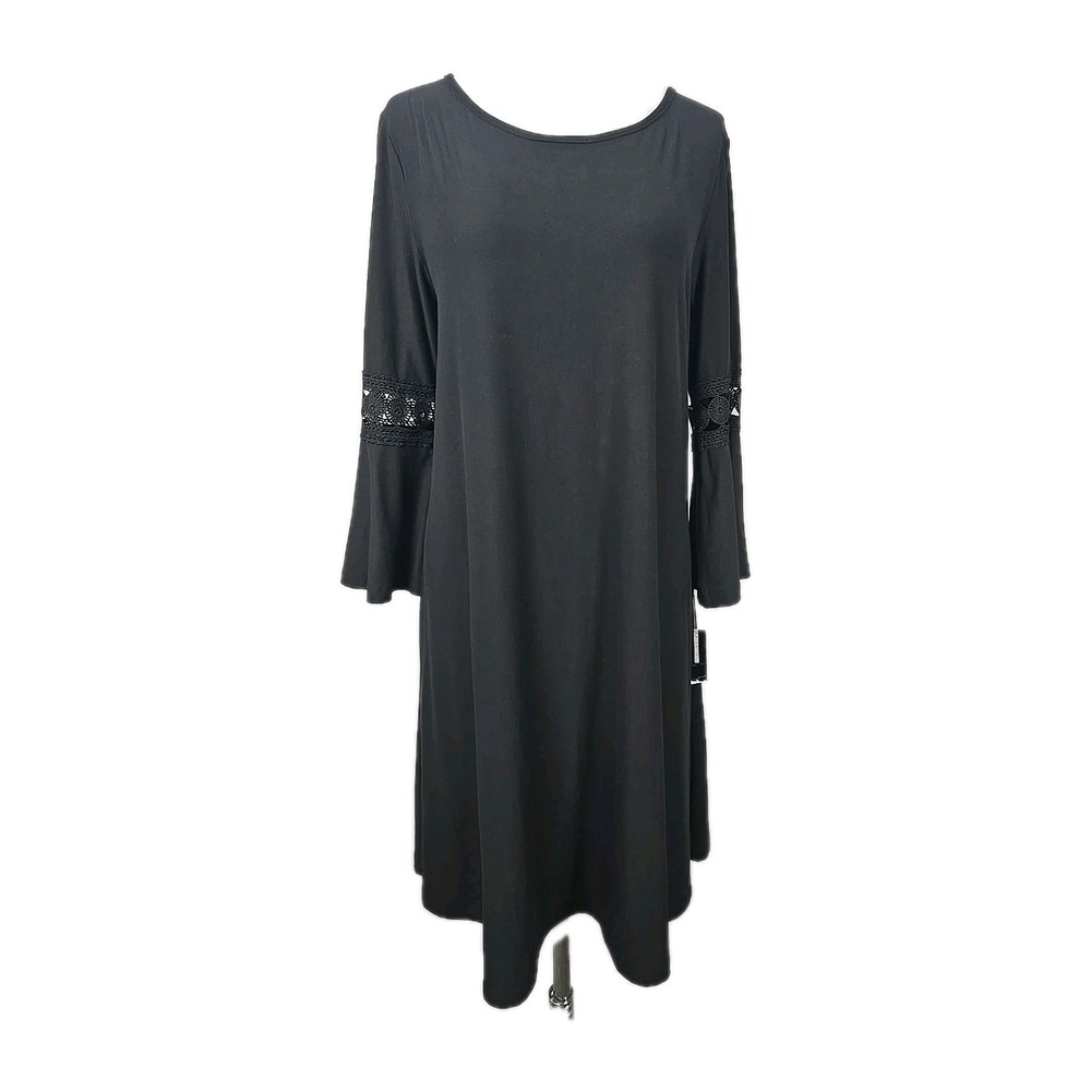 New Directions Black Essential Dress Jersey 3/4 Crochet Bell Sleeve Large L New